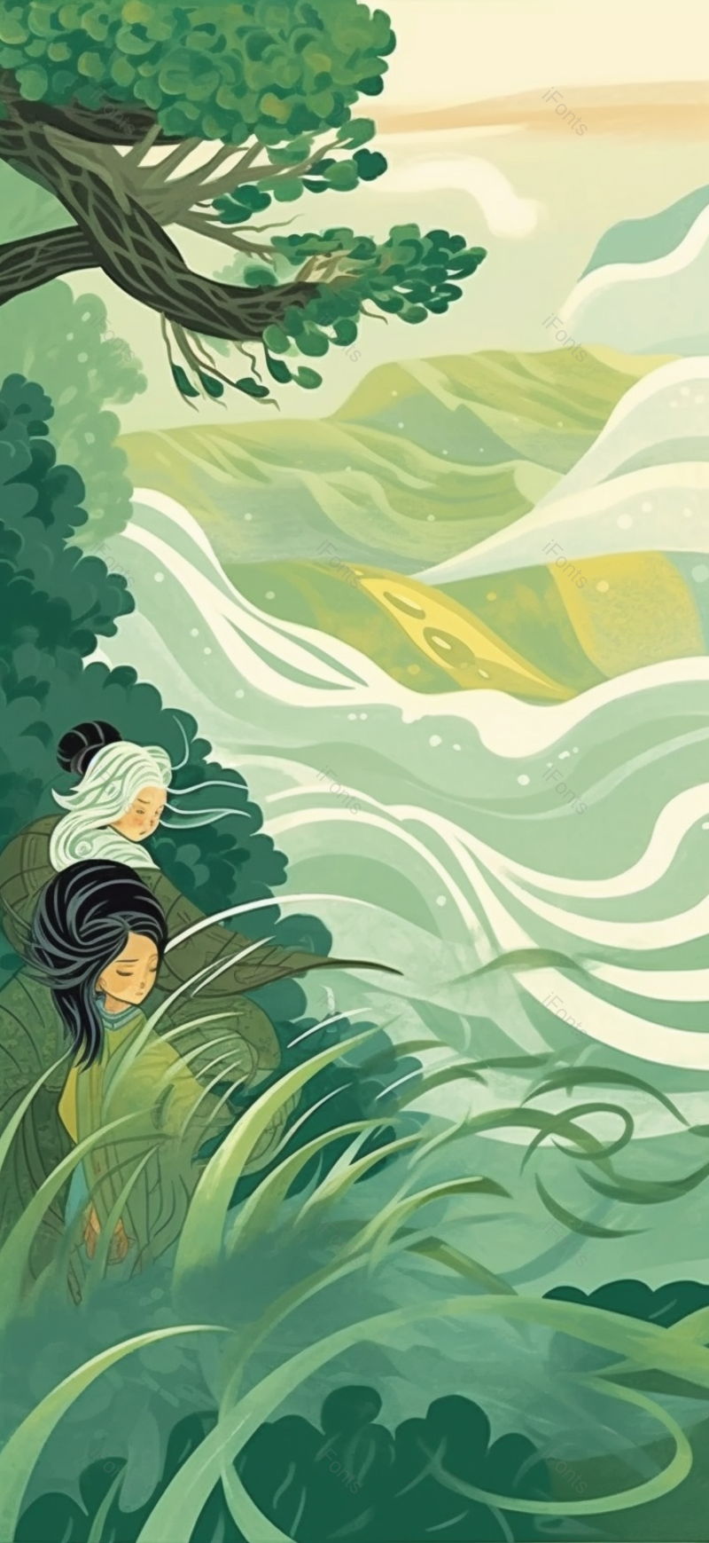 中国风少年少女在山边看云手绘插画,插画/手绘图,插画/手绘图库,插画/手绘图下载,插画/手绘